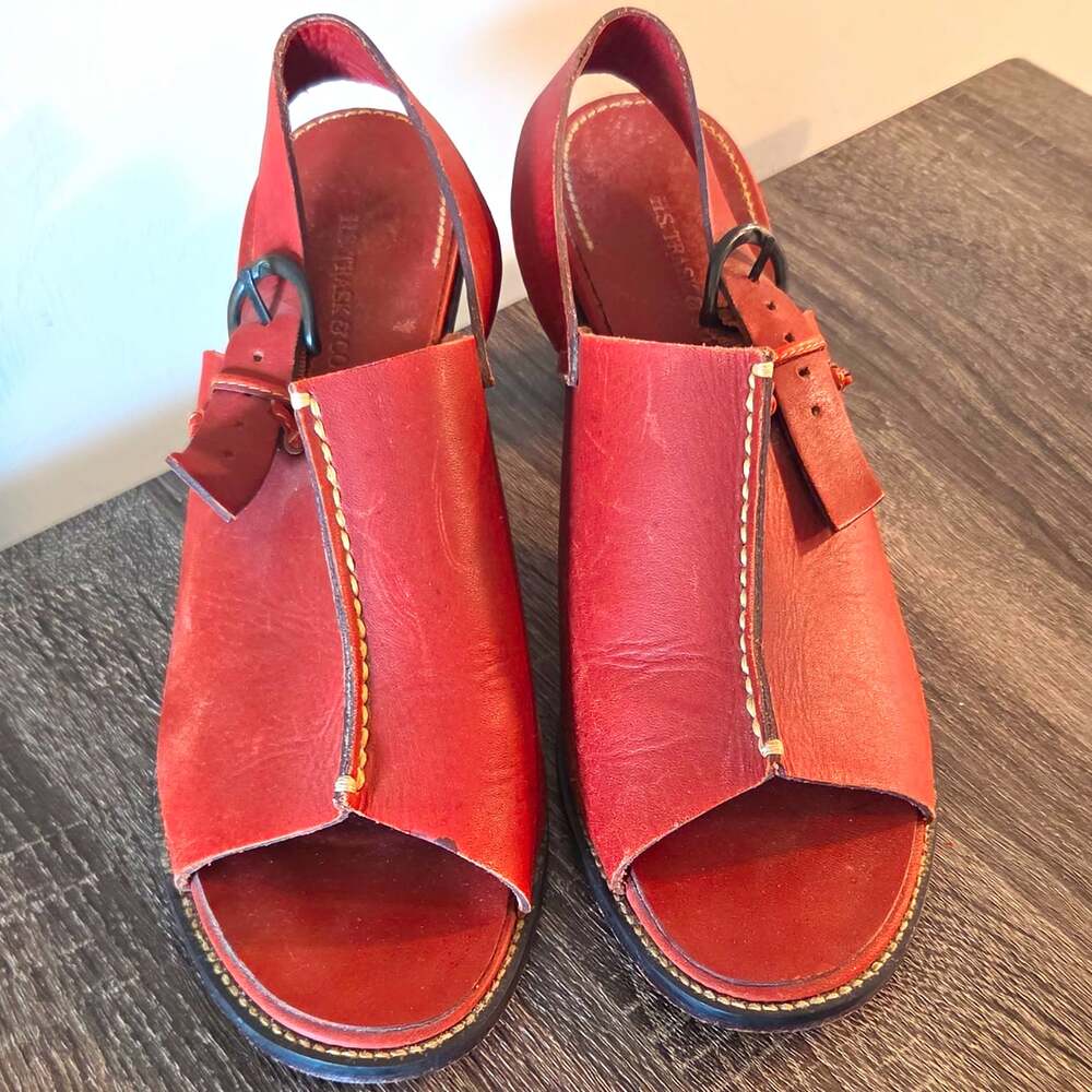 H.S. Trask & Co Congac Brown Leather Open Toe Slingback Block Heel Buckle Sz 10